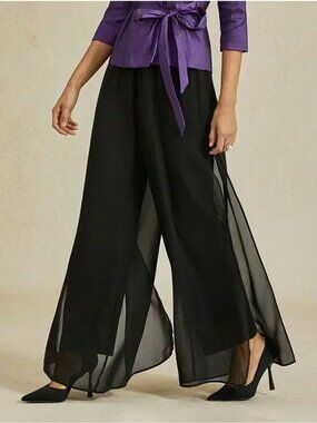 MS GLAMOR Formal Pant With Flowy Chiffon Split Leg Overlay, Black L NWT